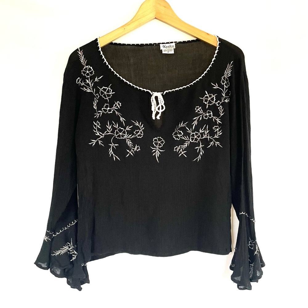 Vintage Hippie Shirt Black Embroidered Blouse long sleeve Kaaku 90s Boho